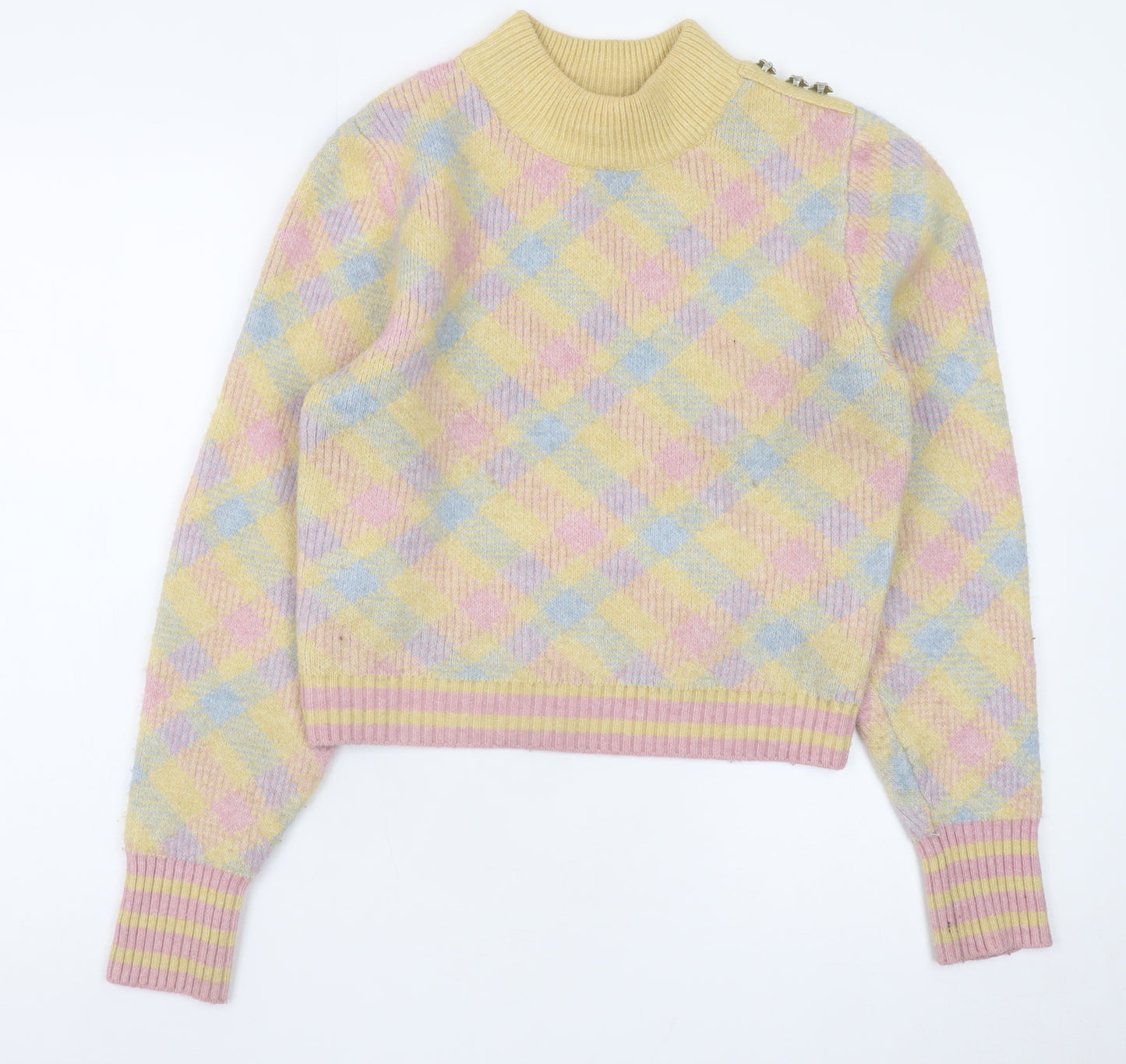 Zara Women's Multicoloured Mock Neck Argyle Wool Blend Jumper S