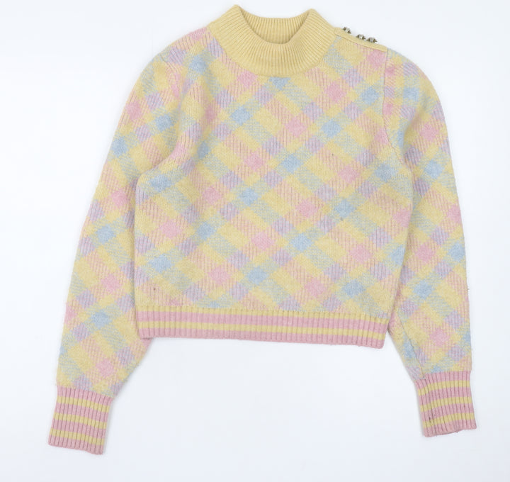 Zara Women's Multicoloured Mock Neck Argyle Wool Blend Jumper S