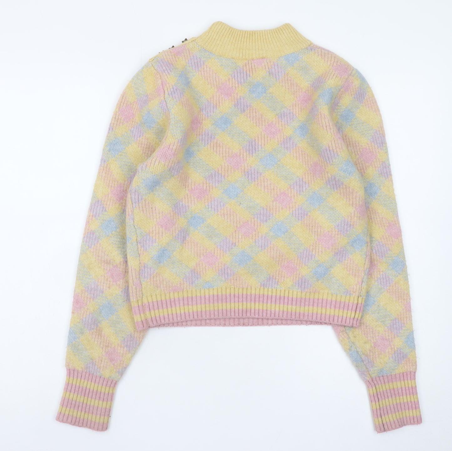 Zara Women's Multicoloured Mock Neck Argyle Wool Blend Jumper S