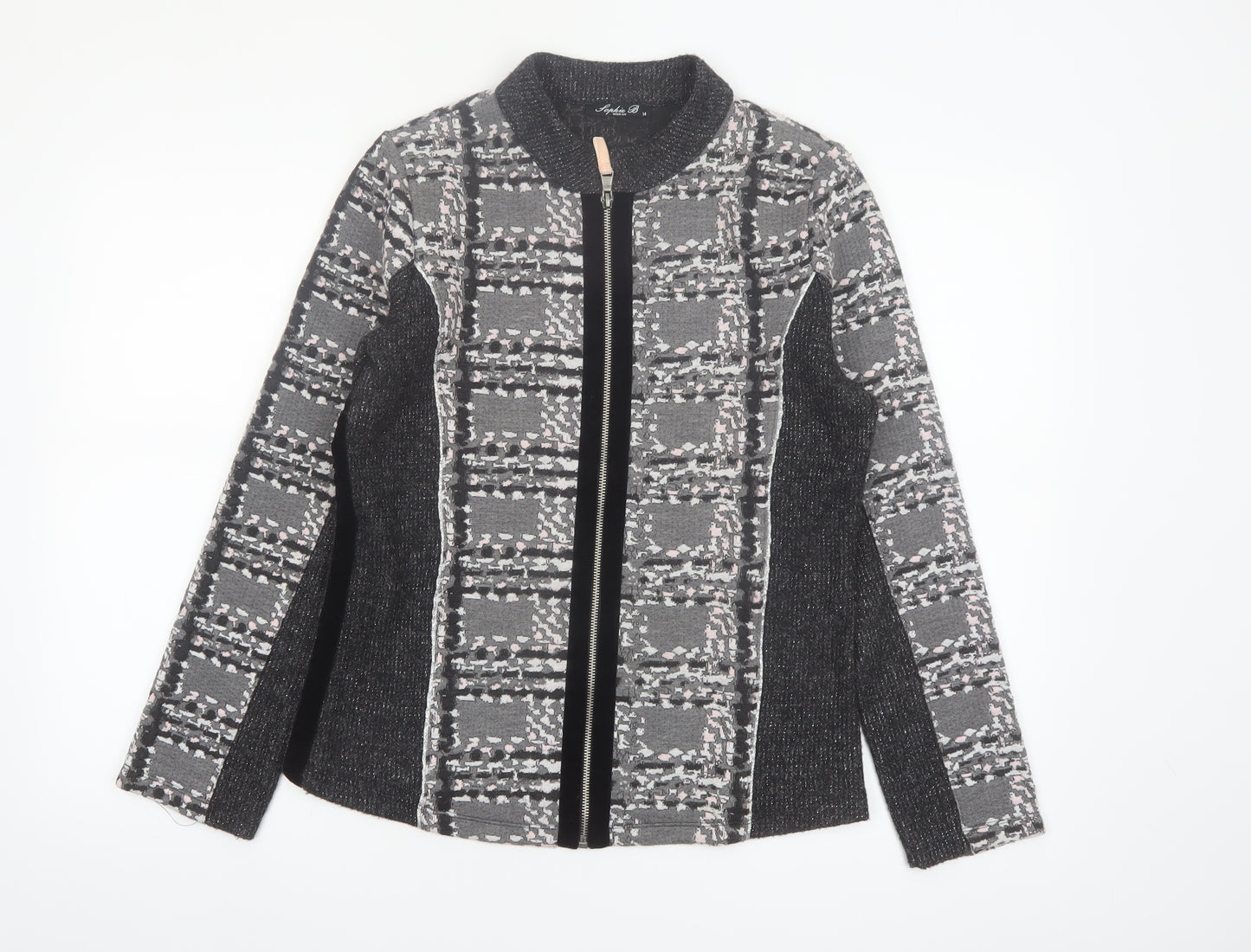 Sophie B Women Grey Check Full Zip Knit Jacket Size 14