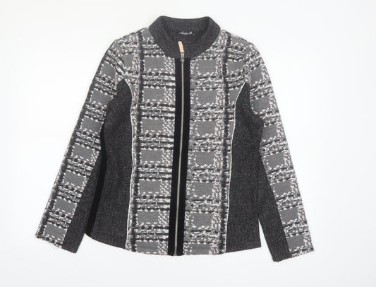 Sophie B Women Grey Check Full Zip Knit Jacket Size 14
