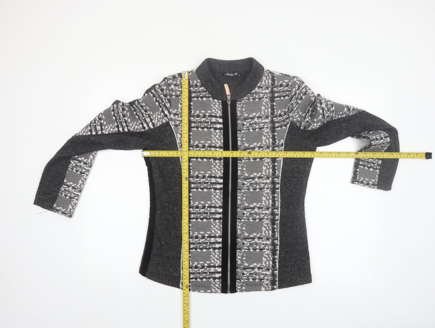 Sophie B Women Grey Check Full Zip Knit Jacket Size 14
