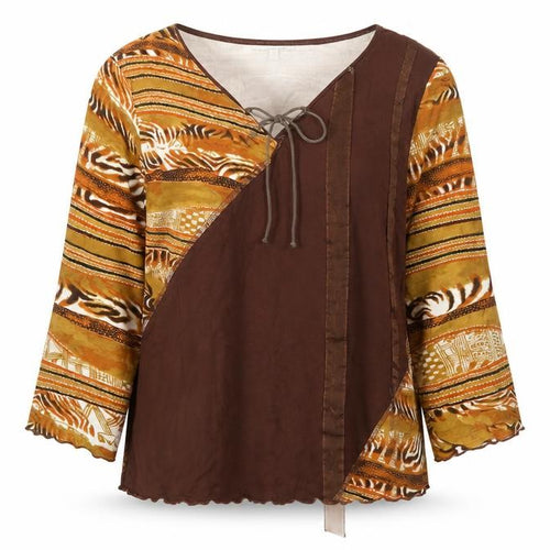 Klass Collection Women’s Brown Tribal Animal Print V-Neck Blouse XL