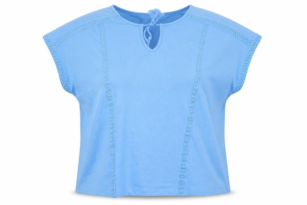 Front view of Gallery women’s blue crochet trim tunic blouse, size L