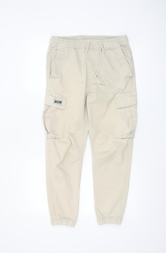 Zara Men's Beige Cargo Trousers S Elastic Waist Drawstring Pockets
