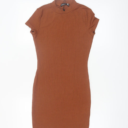 Boohoo Women’s Brown Bodycon Ribbed High Neck Short Sleeve Dress Size 8