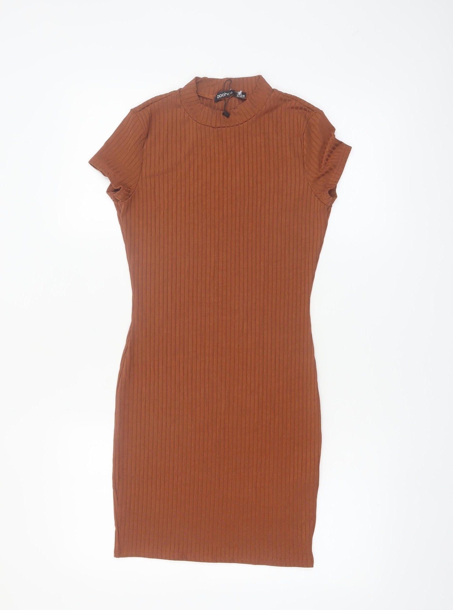 Boohoo Women’s Brown Bodycon Ribbed High Neck Short Sleeve Dress Size 8