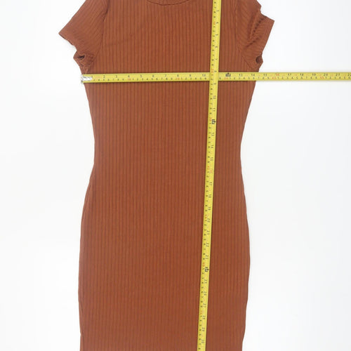 Boohoo Women’s Brown Bodycon Ribbed High Neck Short Sleeve Dress Size 8