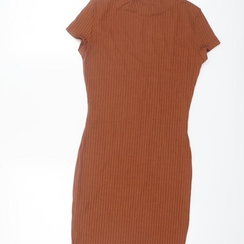 Boohoo Women’s Brown Bodycon Ribbed High Neck Short Sleeve Dress Size 8