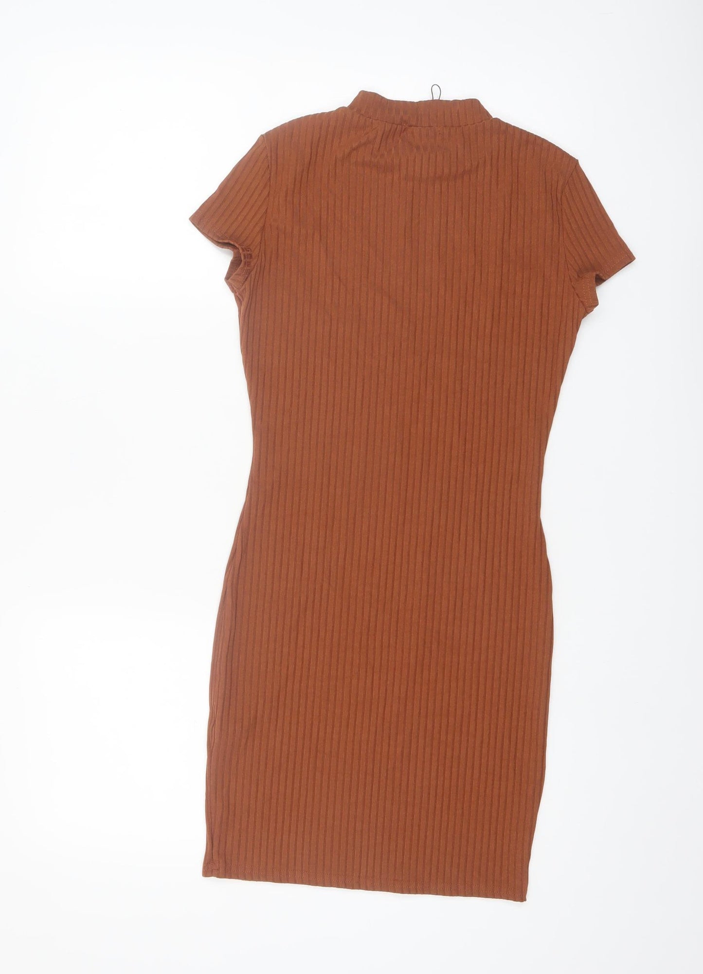 Boohoo Women’s Brown Bodycon Ribbed High Neck Short Sleeve Dress Size 8