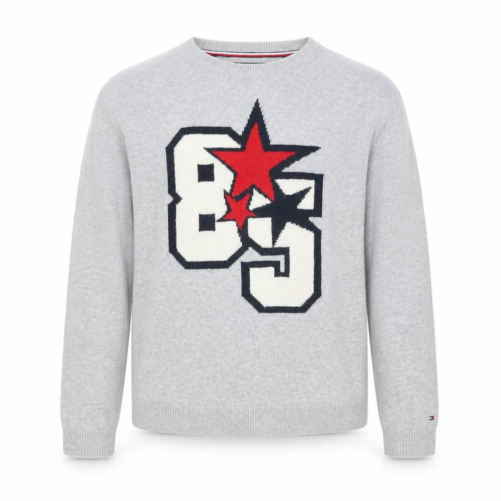 Front view of Tommy Hilfiger boys’ grey graphic knit jumper, size 140, (10 years)