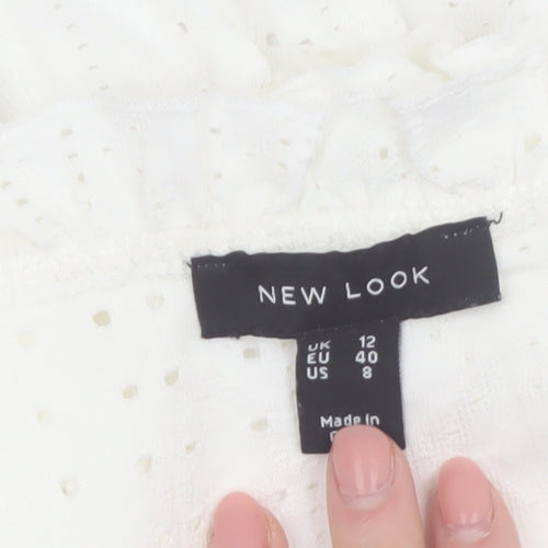 New Look Women's White Cotton Cropped Ruffle Blouse Size 12