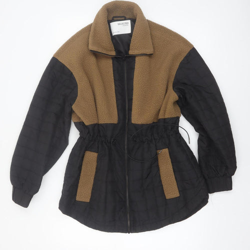 SELECTED FEMME Women's Brown Black Fleece Quilted Mid-Length Jacket Size 10