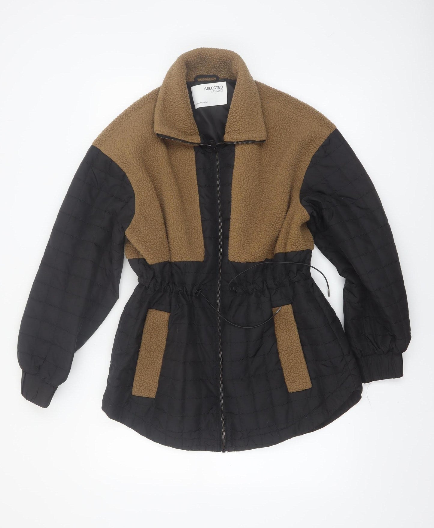SELECTED FEMME Women's Brown Black Fleece Quilted Mid-Length Jacket Size 10