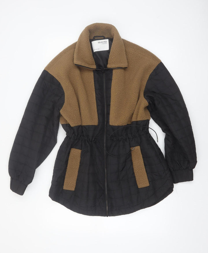 SELECTED FEMME Women's Brown Black Fleece Quilted Mid-Length Jacket Size 10