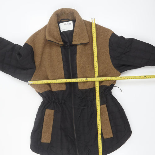 SELECTED FEMME Women's Brown Black Fleece Quilted Mid-Length Jacket Size 10
