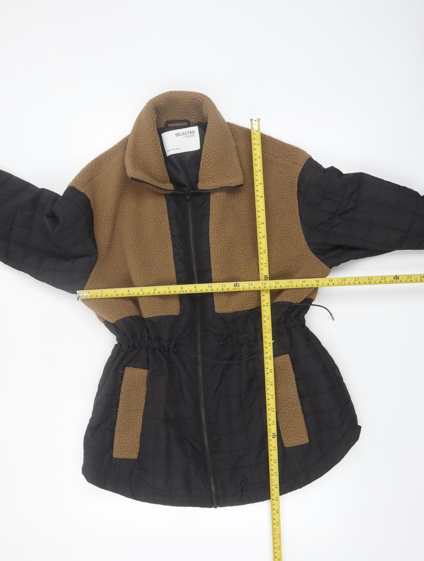 SELECTED FEMME Women's Brown Black Fleece Quilted Mid-Length Jacket Size 10