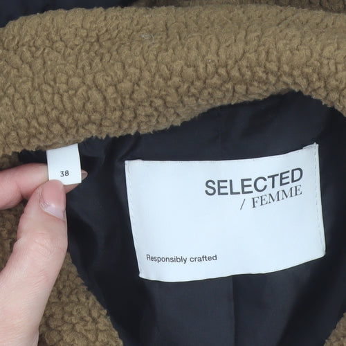 SELECTED FEMME Women's Brown Black Fleece Quilted Mid-Length Jacket Size 10
