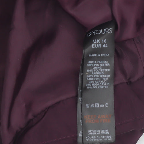 Yours Clothing Women’s Purple Hooded Puffer Jacket Size 16