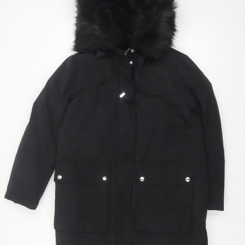 Zara Women Black Faux Fur Hooded Parka Coat Size 10