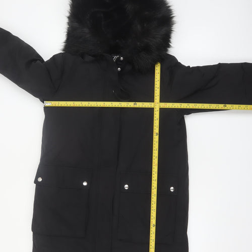 Zara Women Black Faux Fur Hooded Parka Coat Size 10