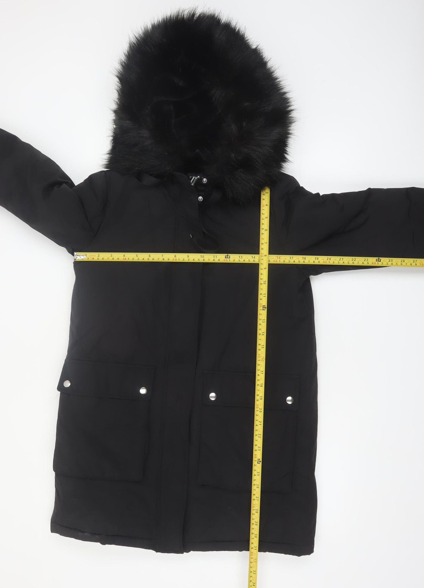 Zara Women Black Faux Fur Hooded Parka Coat Size 10