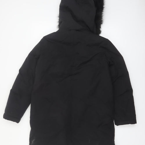 Zara Women Black Faux Fur Hooded Parka Coat Size 10