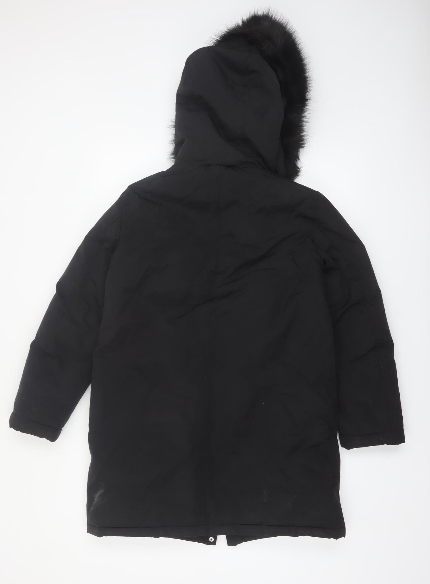 Zara Women Black Faux Fur Hooded Parka Coat Size 10