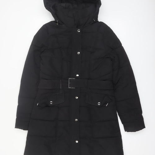 Dunnes Stores Women's Black Size 10 Long Belted Hooded Puffer Coat