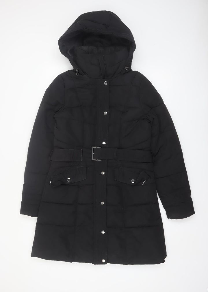 Dunnes Stores Women's Black Size 10 Long Belted Hooded Puffer Coat