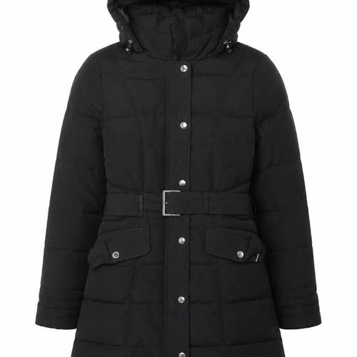 Dunnes Stores Women's Black Size 10 Long Belted Hooded Puffer Coat