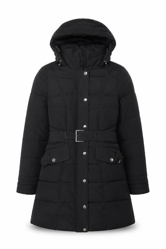 Dunnes Stores Women's Black Size 10 Long Belted Hooded Puffer Coat