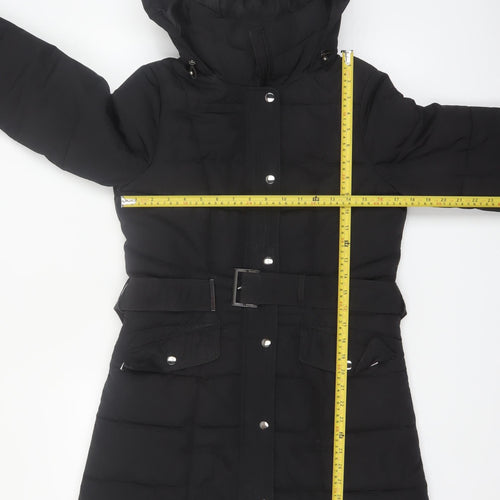 Dunnes Stores Women's Black Size 10 Long Belted Hooded Puffer Coat