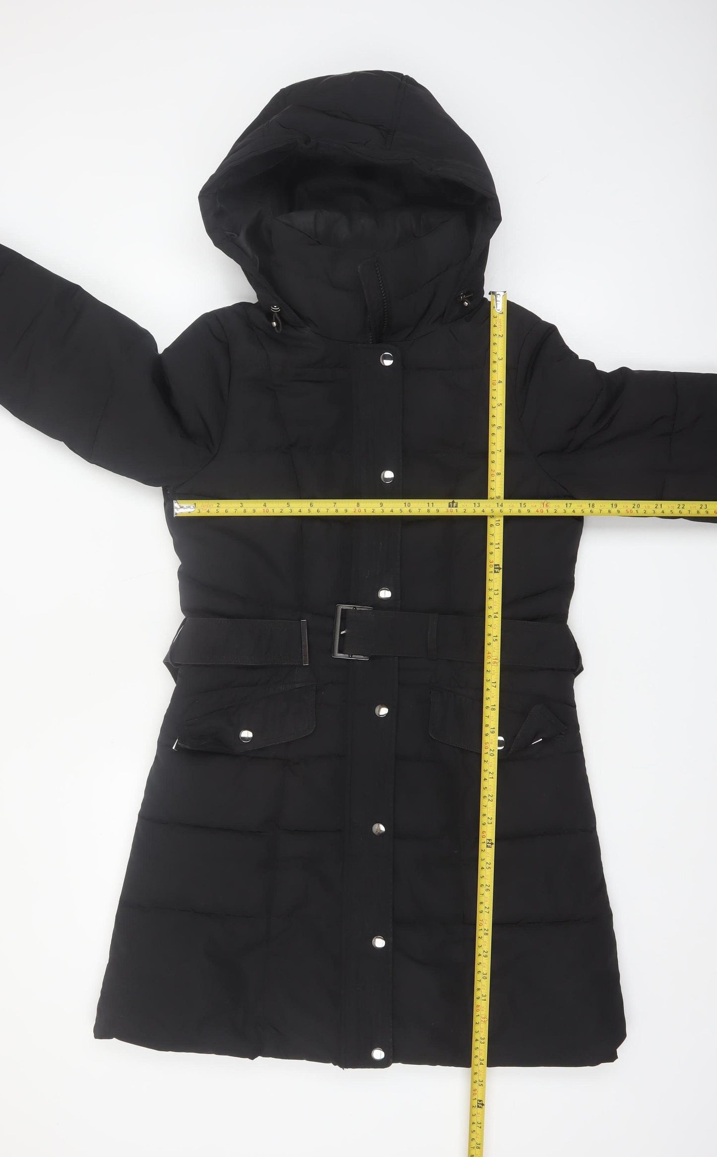 Dunnes Stores Women's Black Size 10 Long Belted Hooded Puffer Coat