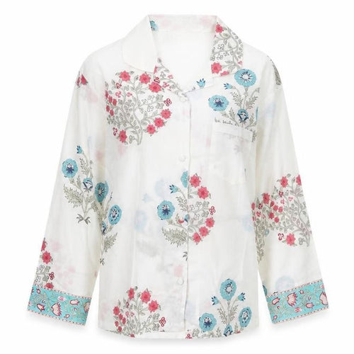 Powell Craft Womens White Floral Cotton Pyjama Top M