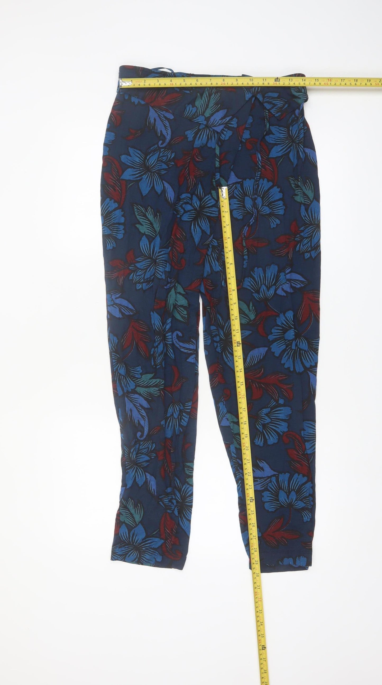 Monsoon Womens Blue Floral Viscose Tapered Trousers Size M