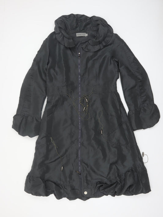 FRANSTYLE Women’s Black Long Hooded Ruffle Rain Coat Size 14