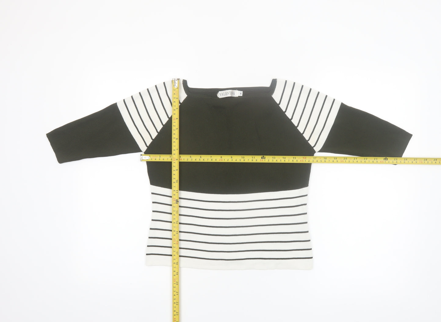 Valentina Womens Black Striped Boat Neck 3/4 Sleeve Knit Top M