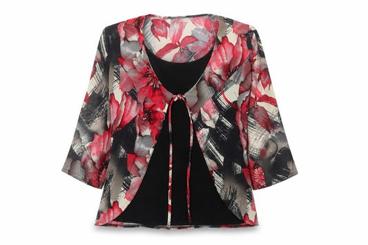 Front view of Text women’s multicoloured floral wrap blouse m 3/4 sleeve