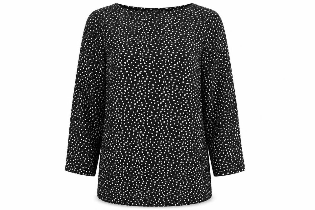 Front view of Marks & Spencer women’s black polka dot cotton tunic blouse, size UK 12