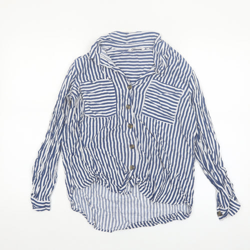 ONLY Women Blue Striped Button-Up Shirt M Viscose Long Sleeve