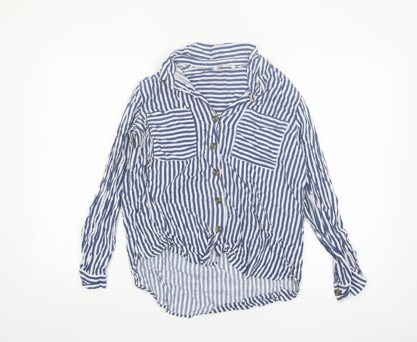 ONLY Women Blue Striped Button-Up Shirt M Viscose Long Sleeve