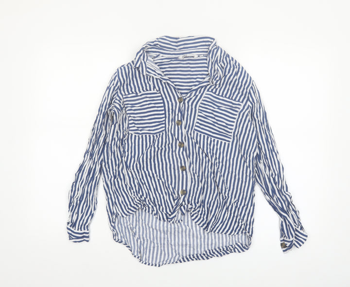 ONLY Women Blue Striped Button-Up Shirt M Viscose Long Sleeve