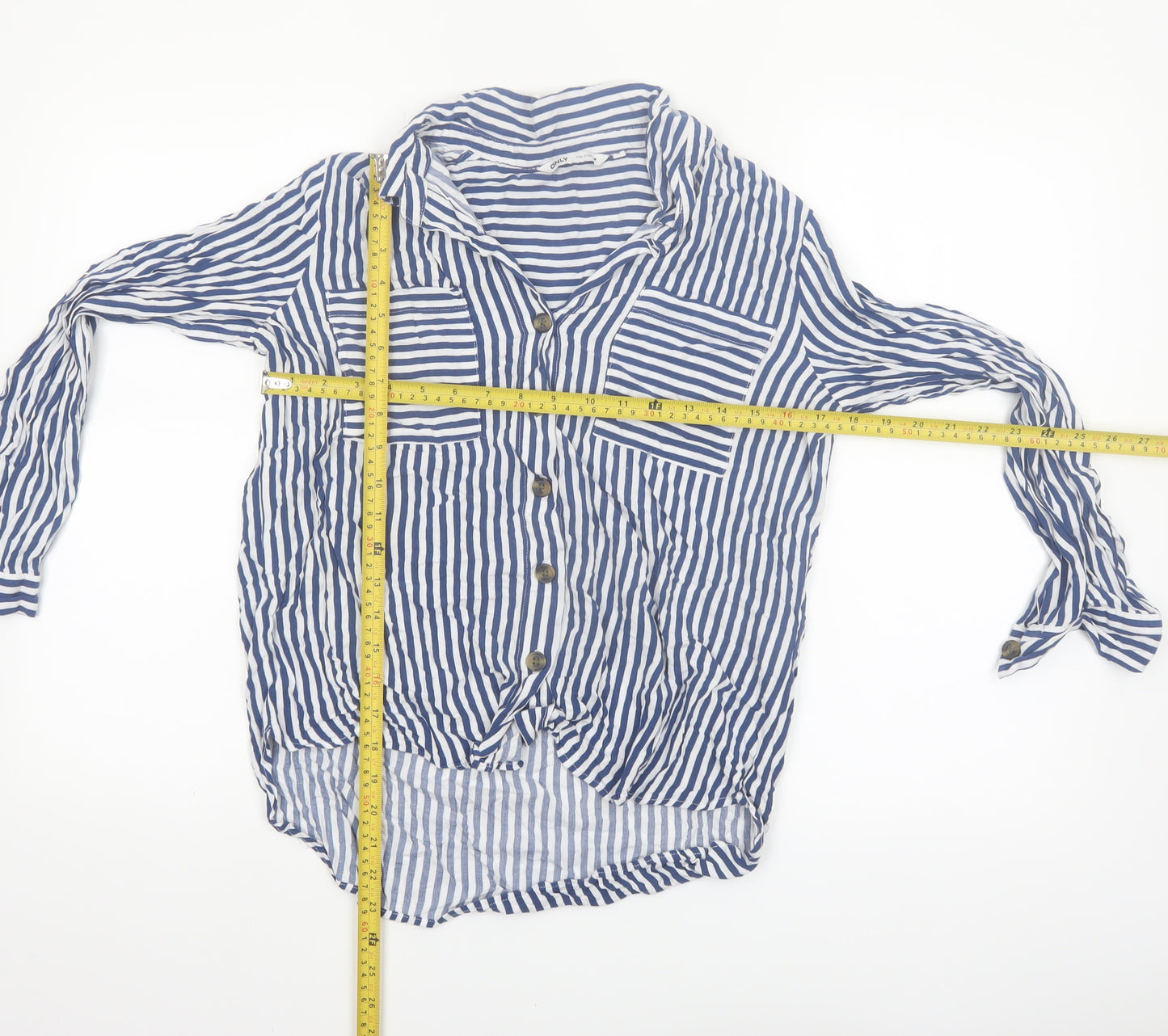 ONLY Women Blue Striped Button-Up Shirt M Viscose Long Sleeve