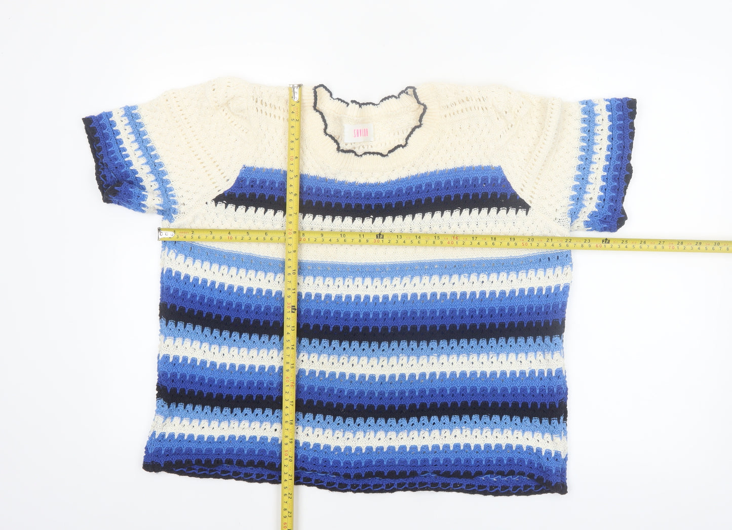 Savida Women Blue Crochet Striped Cropped Blouse Size 16