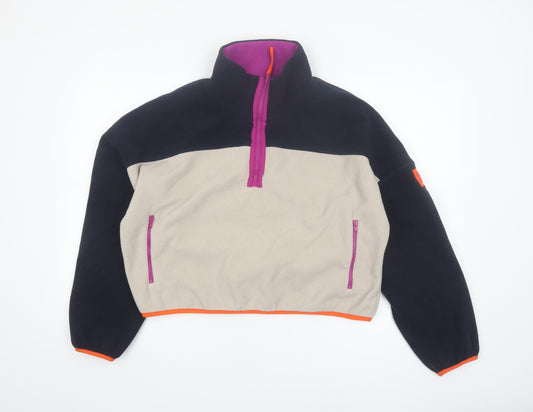 Gym+Coffee Women Beige & Navy 1/4 Zip Fleece Sweatshirt XL