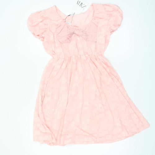 ZARA Girls Pink Bow Puff Sleeve Knee Length Dress Size 11-12 Years