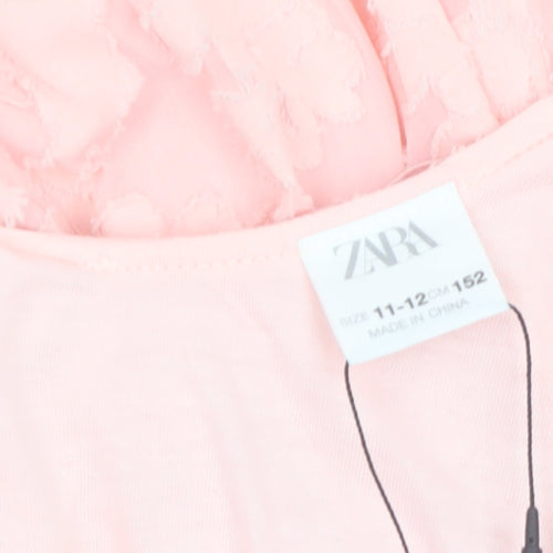 ZARA Girls Pink Bow Puff Sleeve Knee Length Dress Size 11-12 Years