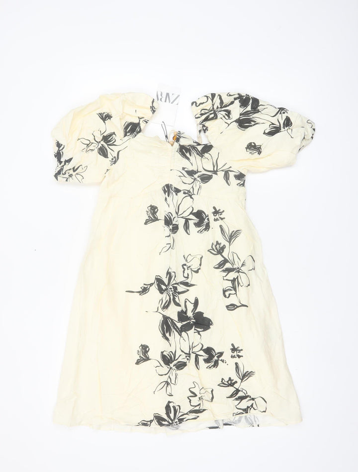 ZARA Girls Ivory Floral Linen Blend Puff Sleeve A-Line Dress 11-12 Years