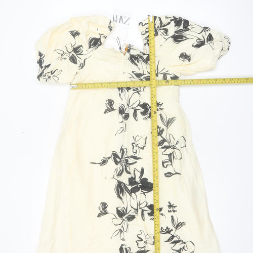ZARA Girls Ivory Floral Linen Blend Puff Sleeve A-Line Dress 11-12 Years